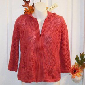 JENNY NWT Sz S Coral Orange Knit Full Zip Hoodie Sweater Cardigan 100% Cotton